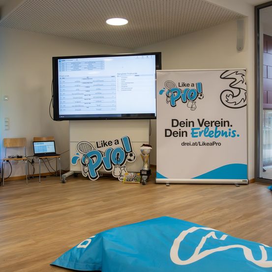 Ein Raum mit einem großen Monitor, einem Laptop, einem Stuhl, einem Schreibtisch, einem Pokal und einem blauen Banner mit dem Text 'Like a Pro'.