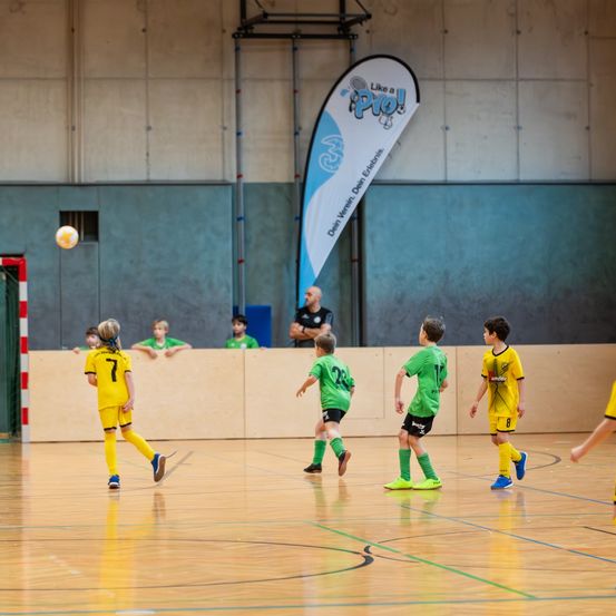 Mehrere junge Kinder in grünen und gelben Trikots spielen Futsal auf einem Hallenplatz. Ein Mann beobachtet von der Seite, und eine Fahne ist an der Wand befestigt.