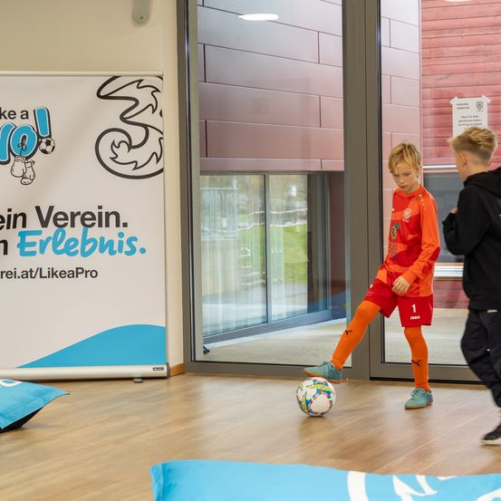 Ein junger Junge kickt einen Fußball auf einem Holzboden in einer Sporteinrichtung. Ein Junge in einer schwarzen Kapuze beobachtet ihn. Ein weißes Banner mit dem Text 'make a team Verein' und einem Logo ist an der Wand.