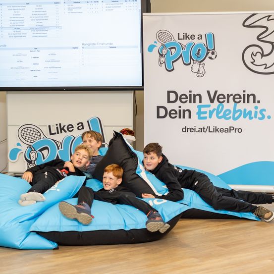 Fünf Jungen liegen auf Sitzsäcken. Sie lächeln und scheinen für ein Foto zu posieren. Hinter ihnen ist ein weißer Banner mit den Worten 'Like a Pro!' und einem Logo.