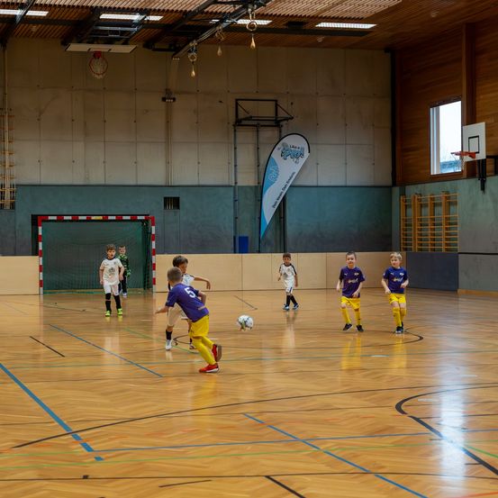 Mehrere junge Jungen spielen Hallenfußball. Sie tragen Trikots und Turnschuhe. Der Ball befindet sich in der Nähe eines Jungen im lila Trikot. Der Platz hat Markierungen, und in der Nähe steht ein Tor.