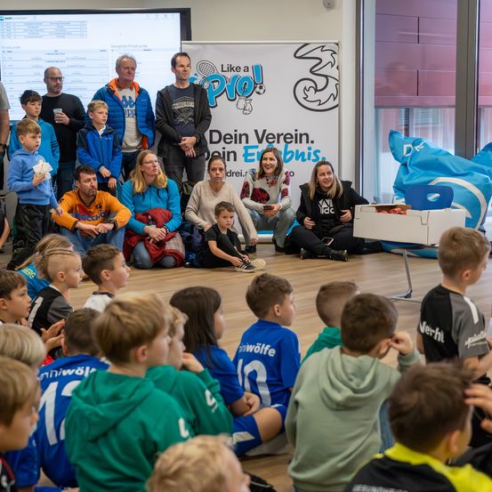 Eine Gruppe von Menschen ist drinnen versammelt, möglicherweise für eine Präsentation. Einige sitzen auf dem Boden, während andere hinter ihnen stehen. Eine Projektionsleinwand ist an der Wand, und ein Banner mit dem Text 'Like a PRO!' ist angebracht. Die Teilnehmer tragen verschiedene Kleidungsstücke, und einige halten Gegenstände in den Händen.