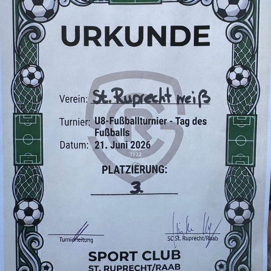 Fußballzertifikat vom St. Rupert Club. Es ist für das U8-Fußballturnier am 21. Juni 2026 mit einem dritten Platz. Das Zertifikat ist signiert und datiert.