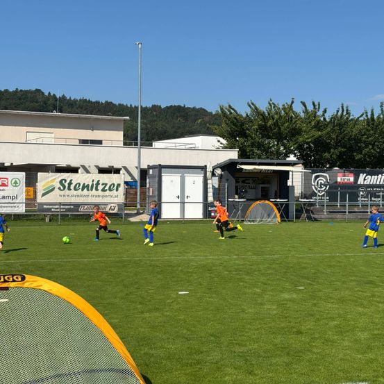 Eine Gruppe junger Kinder spielt Fußball auf einem Feld mit Toren und einem Zaun. Im Hintergrund sind mehrere Banner sichtbar.