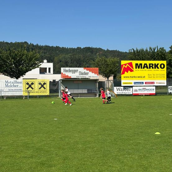 Eine Gruppe junger Fußballspieler trainiert auf einem Spielfeld mit Werbung an der Umzäunung. Hinter der Umzäunung befinden sich Häuser, Bäume und Berge.