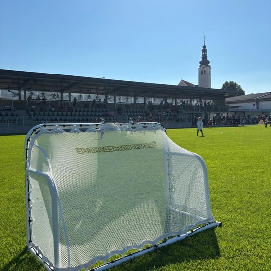Ein Fußballfeld mit einem Tornetz im Vordergrund. Ein Kind spielt im Hintergrund Fußball. Eine Menge schaut von den Tribünen zu.