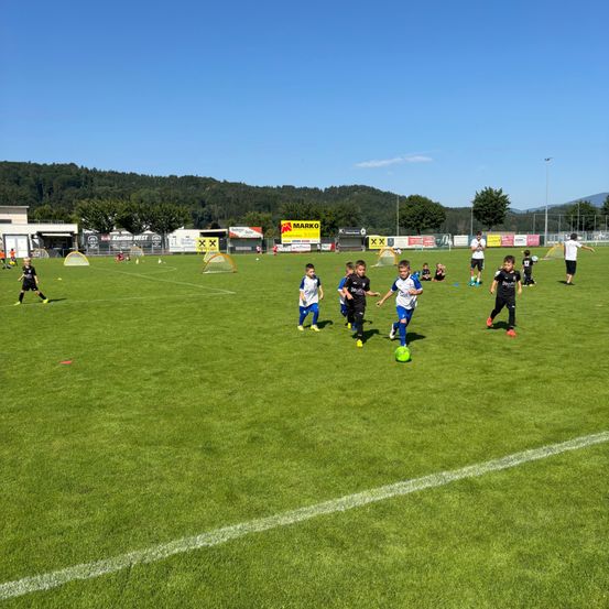 Ein Fußballtraining auf einem Feld mit Kindern in verschiedenen Trikots und Turnschuhen, die einem grünen Fußballball hinterherlaufen. Einige sind in der Mitte, andere bei den Toren. Das Feld hat weiße Linien und ist von Bäumen und Bergen umgeben.