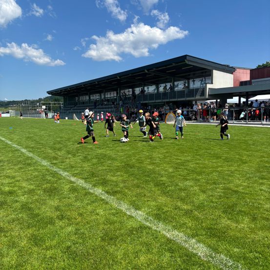 Kinder spielen auf einem gepflegten grünen Rasen unter einem blauen Himmel mit verstreuten Wolken Fußball. Im Hintergrund ist ein Stadion mit Dach und Balkon zu sehen.