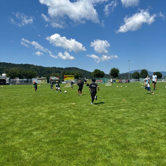 Kinder spielen Fußball an einem sonnigen Tag mit blauem Himmel und Wolken. Sie laufen und treten den Ball, umgeben von grünem Rasen und Bäumen.