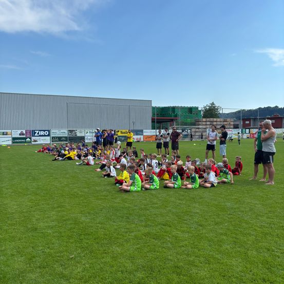 Eine Gruppe von Kindern sitzt auf dem Rasenfeld in verschieden farbigen Trikots, während Erwachsene in der Nähe stehen. Werbetafeln sind an einem großen Gebäude angebracht.