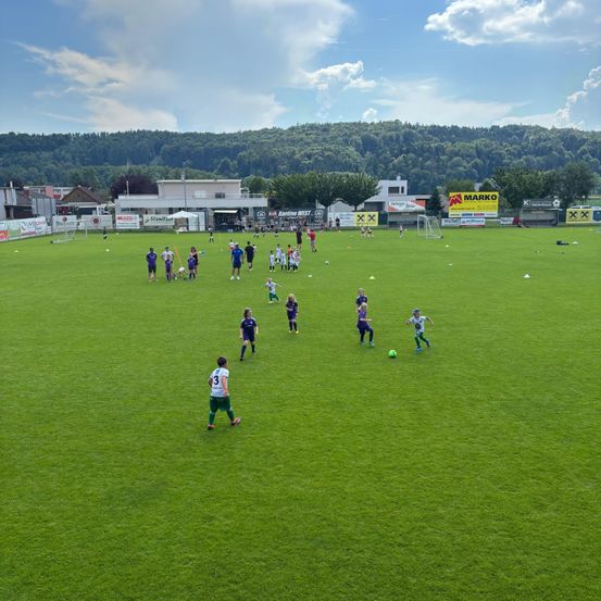 Ein Fußballfeld mit Kindern, die üben, einige in blauen Uniformen. Das Feld hat grünen Rasen und weiße Markierungen. Im Hintergrund befinden sich Gebäude, Bäume und Berge.