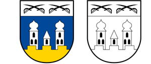 Das Wappen einer Region wird in zwei Varianten gezeigt. Die erste ist mit blauem Hintergrund, gelber Basis und weißen Gebäuden. Die zweite ist in Schwarz und Weiß und zeigt die gleichen Gebäude auf weißem Hintergrund.