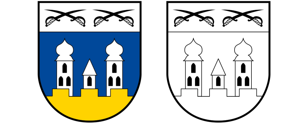 Das Wappen einer Region wird in zwei Varianten gezeigt. Die erste ist mit blauem Hintergrund, gelber Basis und weißen Gebäuden. Die zweite ist in Schwarz und Weiß und zeigt die gleichen Gebäude auf weißem Hintergrund.