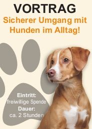 Ein Poster zeigt einen Hund mit dem Titel 'Vortrag: Sicherer Umgang mit Hunden im Alltag!' Der Hund hat einen weißen Fleck im Gesicht und sitzt mit aufgestellten Ohren. Das Poster zeigt graue Pfotenabdrücke. Der Eintritt ist eine freiwillige Spende und die Dauer beträgt etwa 2 Stunden.