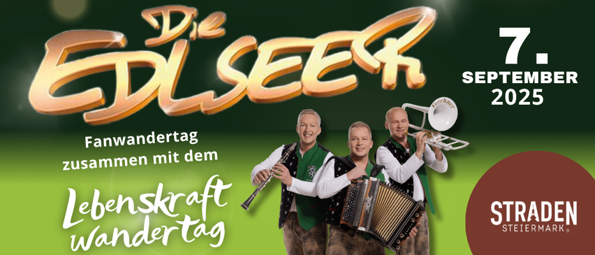 Ein Poster für eine Veranstaltung mit drei Musikern in traditioneller Kleidung, die Instrumente spielen. Der Text lautet 'Wandertag' und 'Sept 2' auf Deutsch.