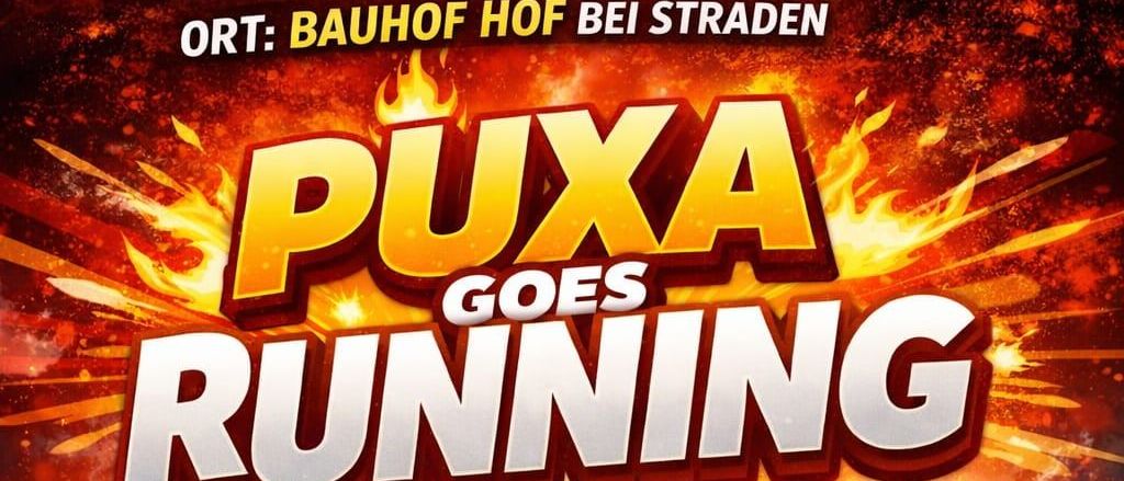 Werbeposter für die Puxa Goes Running Veranstaltung. Es zeigt Läufer, ein Gruppenfoto, Essen und Getränke. Der Text lädt Anfänger und Profis ein, teilzunehmen, zu laufen, zu gehen oder Energie mitzubringen. Ein QR-Code ist vorhanden.