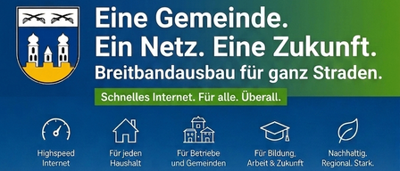 Eine Luftaufnahme eines Dorfes mit blauen Linien, die Häuser und Gebäude verbinden und die Abdeckung mit Hochgeschwindigkeits-Internet hervorheben. Symbole repräsentieren verschiedene Vorteile wie Zuhause, Unternehmen, Bildung und Nachhaltigkeit.
