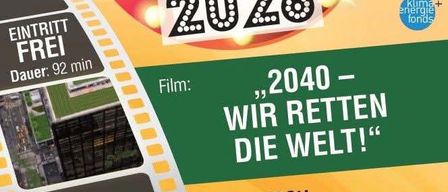 Ein Plakat für Sommer Kino 2026 mit einem Film namens '2040 - Wir retten die Welt!' mit einem Paar auf dem Rasen und einer Stadtlandschaft im Hintergrund. Die Veranstaltung ist kostenlos, dauert 92 Minuten und ist für den 5. August um 20:15 Uhr geplant.