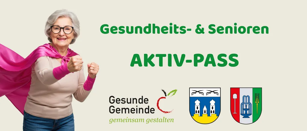 Ein Plakat mit einer Hand, die einen Apfel hält, und dem Text 'Gesundheits- & Aktiv-Pass', mit einem Logo und einem Gemeindewappen.