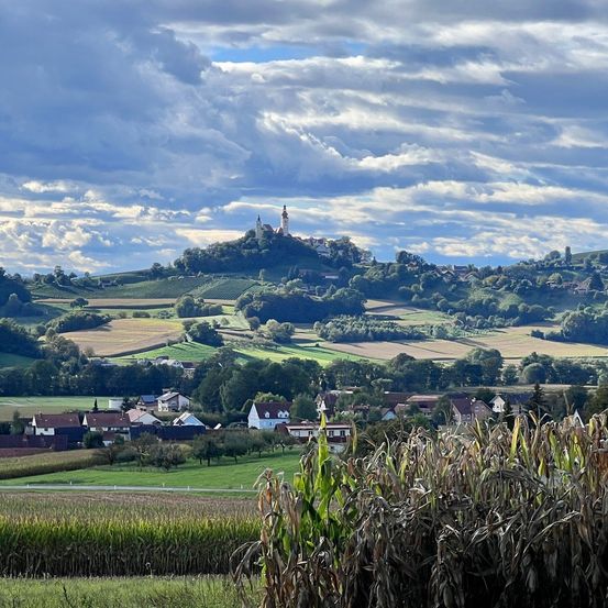 Eine ländliche Landschaft mit einem Hügel und einem Turm, einem Maisfeld im Vordergrund, Häusern und Bäumen im Hintergrund unter einem bewölkten Himmel.