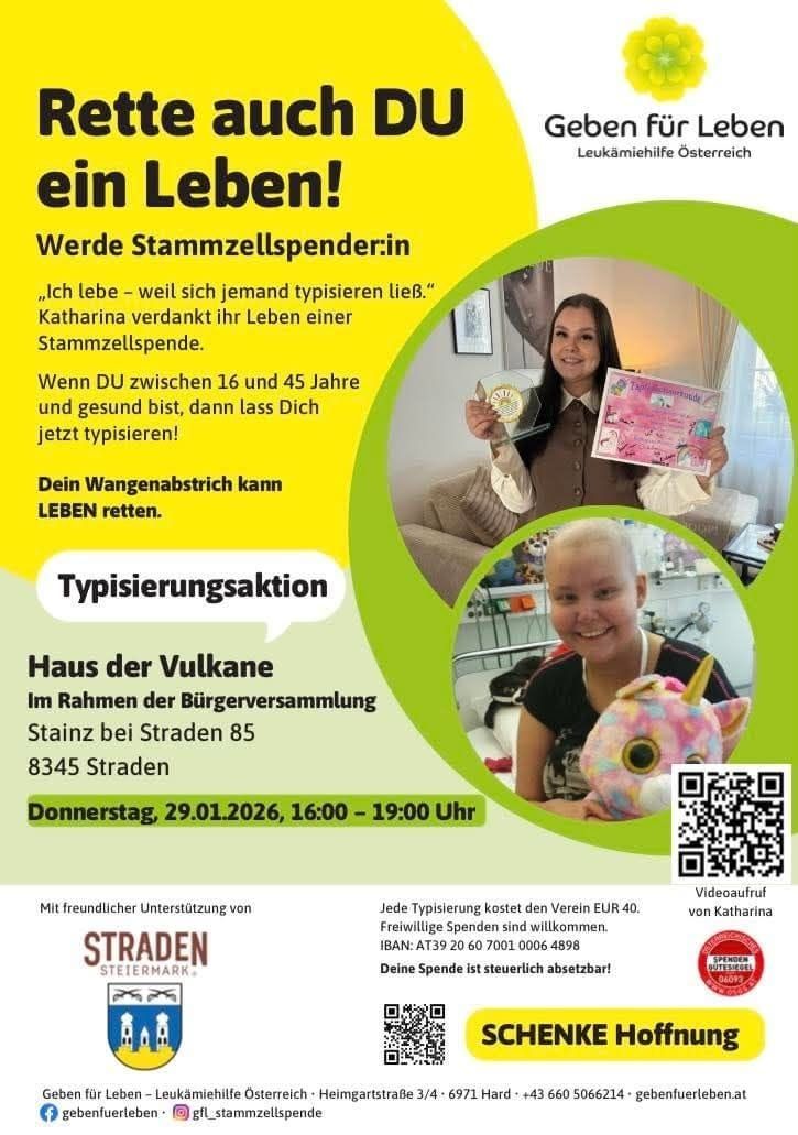 Plakat für eine Stammzellenspende-Veranstaltung mit einer Frau, die ein Zertifikat hält, und einem Mädchen mit einem Kuscheltier. Die Veranstaltung findet im Haus der Vulkane, Stainz, am 29.01.2026 von 16:00 bis 19:00 Uhr statt. Stammzellenspenden werden für Personen im Alter von 16 bis 45 Jahren empfohlen.
