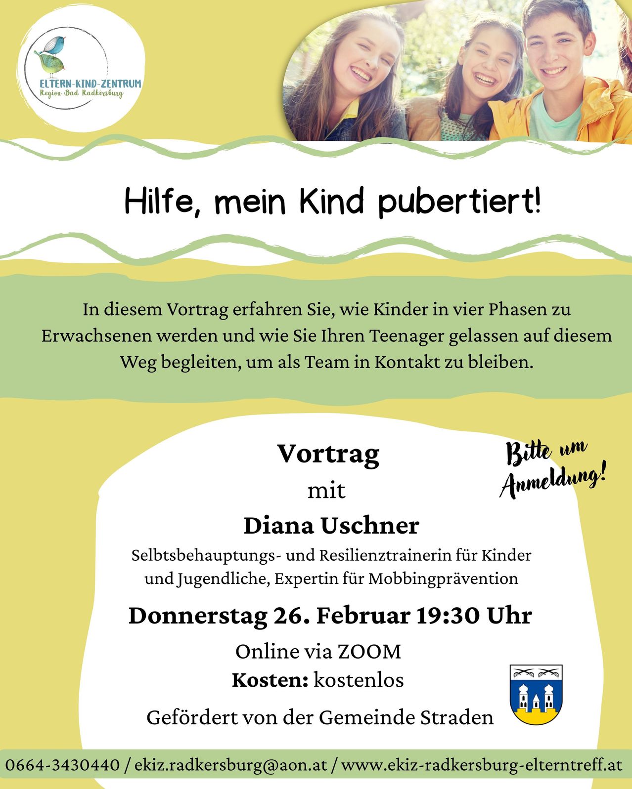 Ein Poster bewirbt einen Webinar über die Unterstützung von Kindern in der Pubertät. Es zeigt Diana Uschner, eine Selbstbehauptungs- und Resilienztrainerin für Kinder und Jugendliche. Der Termin ist Donnerstag, 26. Februar, um 19:30 Uhr online via Zoom, kostenlos.