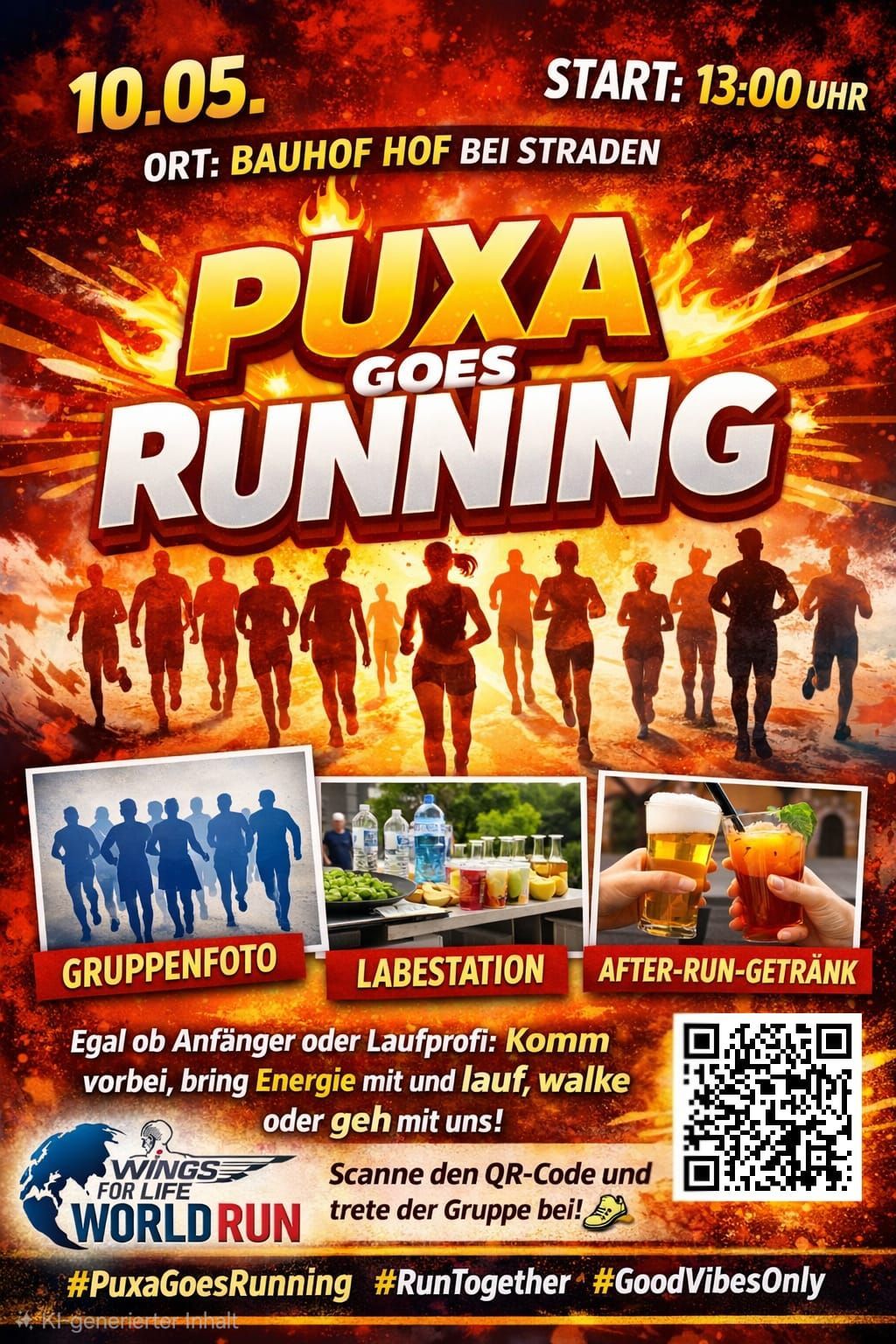 A poster for Puxa Goes Running shows runners, refreshments, and drinks. It offers group photos, a station, and post-run beverages. Whether beginner or pro, join with energy.
