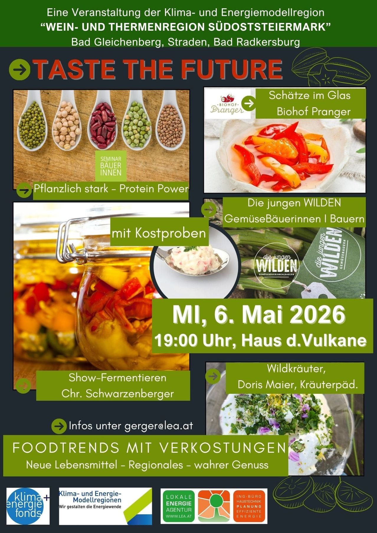 An event poster features a jar of fermented vegetables, a plate of peppers, and a bowl of greens. It's for May 6, 2026, at 19:00, at Haus d.Vulkane. It includes a seminar on protein, a workshop, and a wild foraging tour.