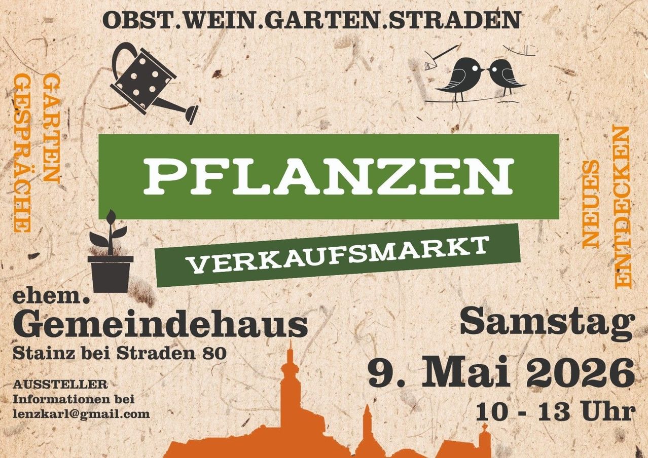 Poster for a plant sales market on May 9. At Weingarten Strassen 80. Birds and watering can on the poster.