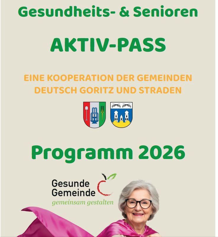 Plakat für Gesundheits-& Senioren Aktiv-Pass 2026, mit lächelnder älterer Frau, Logos und Programmdetails.