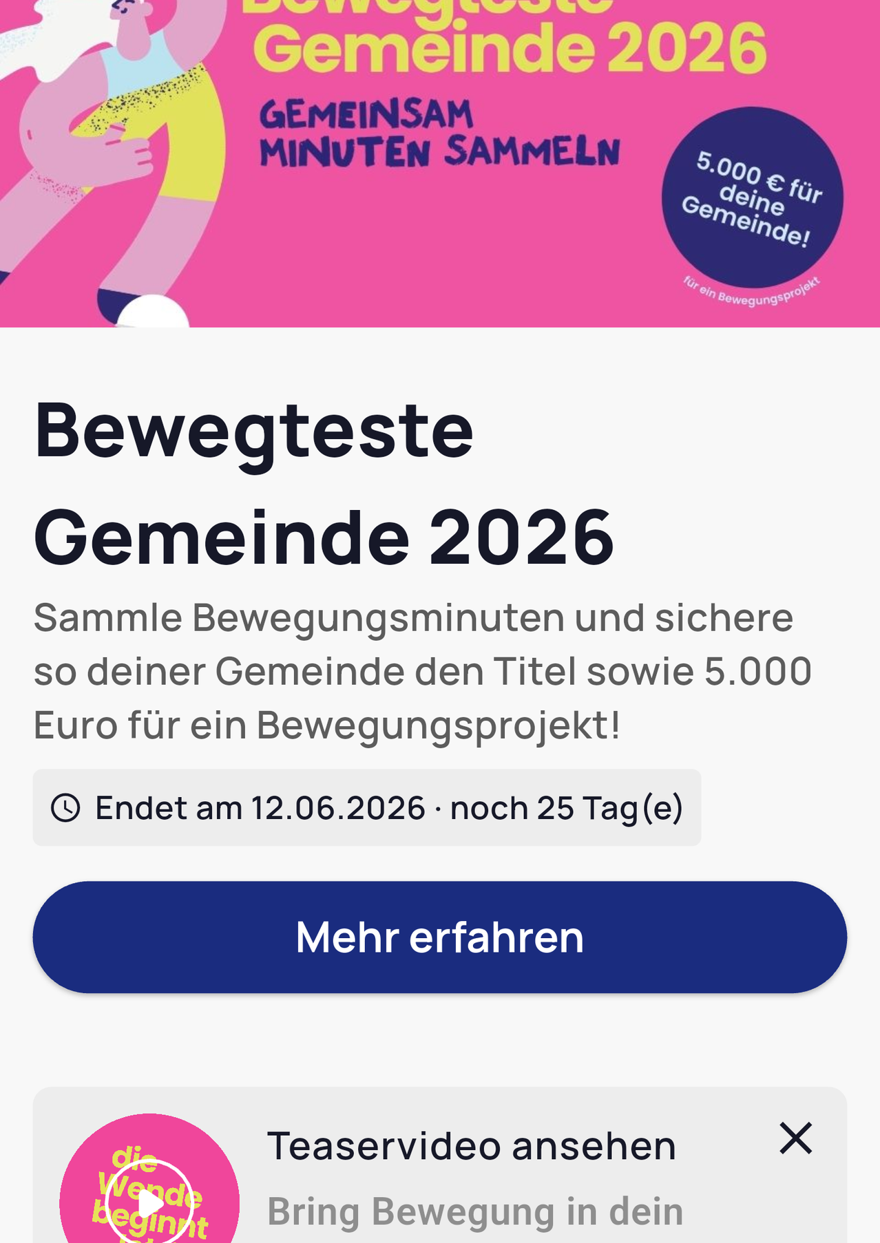 Bild einer Bewegungsgemeinde-Wettbewerb zum Sammeln von Bewegungsminuten für einen Titel und Preis. Ende ist am 12.06.2026, noch 25 Tage übrig.
