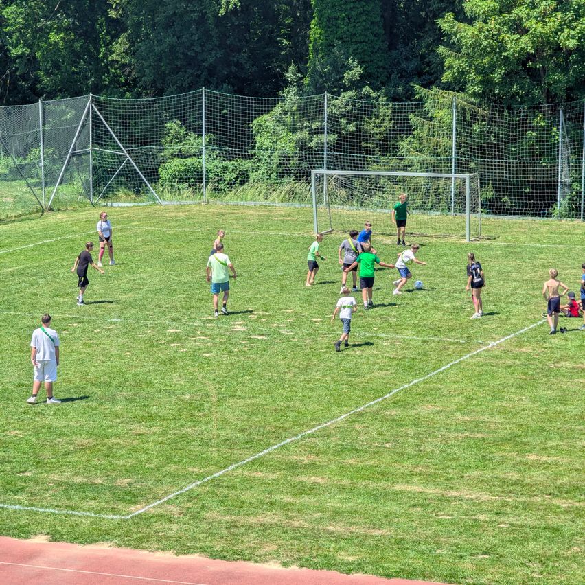 A group of people are playing soccer on a field with a goal, surrounded by a fence and trees.