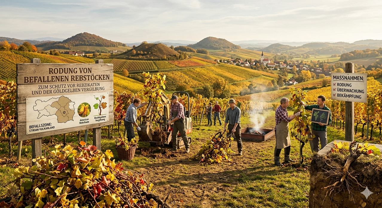 In a vineyard, workers are harvesting grapes. One is using a digger while another is holding a basket. A sign reads 'Stoecken.' Mountains and a village are in the background.