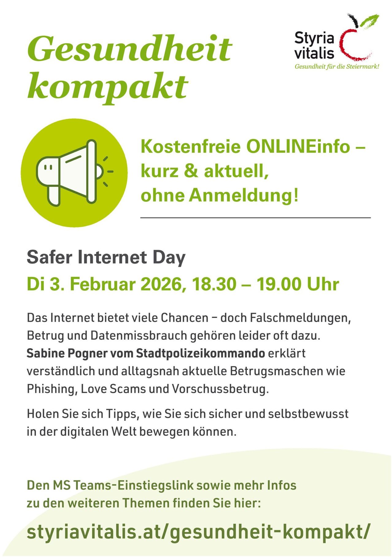 Safer Internet Day on February 3, 2026, from 18:30 to 19:00. Sabine Pogner from the City Police Command explains current scams like phishing and love scams. Get tips on staying safe online.