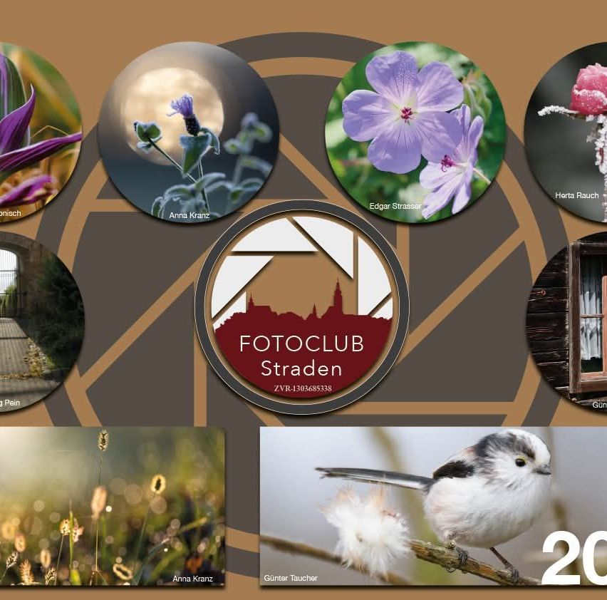 A collage of photos from Fotoclub Straden, showcasing various floral and nature images, including a moonlit lavender, a bird on a branch, and a snowy rose, all credited to photographers like Anna Kranz and Edgar Strasser.