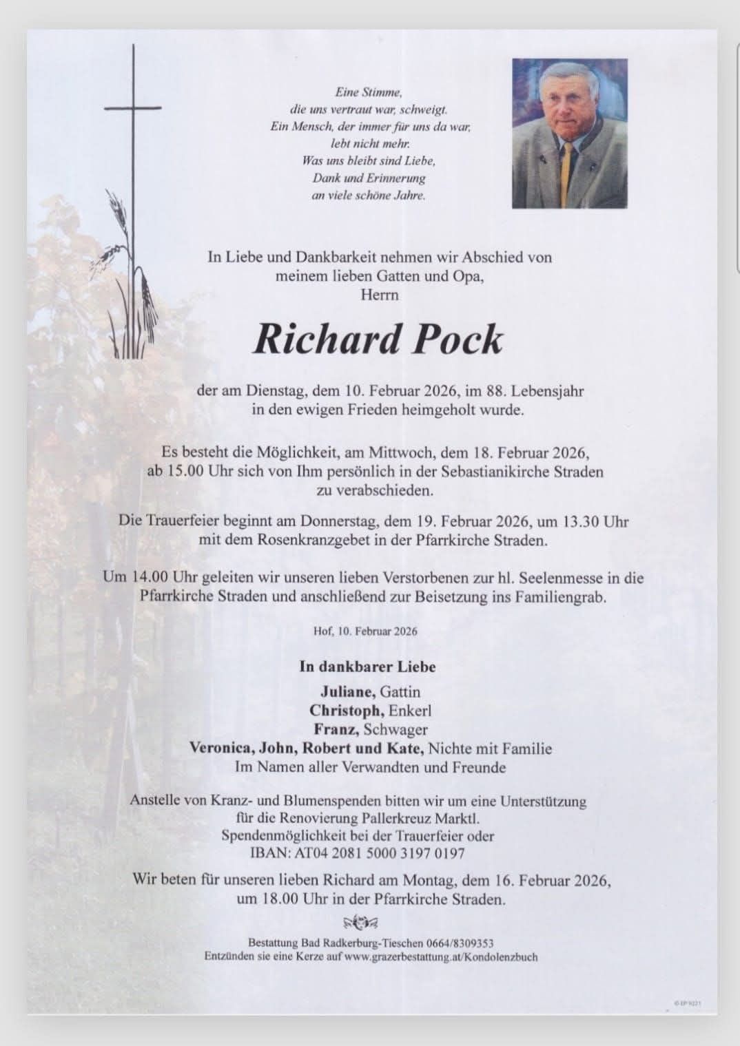 A memorial notice for Richard Pock, who passed away on February 10, 2026, at 88. Visitation on February 18, 2026, at 3 PM, and funeral on February 19, 2026, at 1:30 PM. Family requests donations to Palliativkreuz Marktl. instead of flowers.