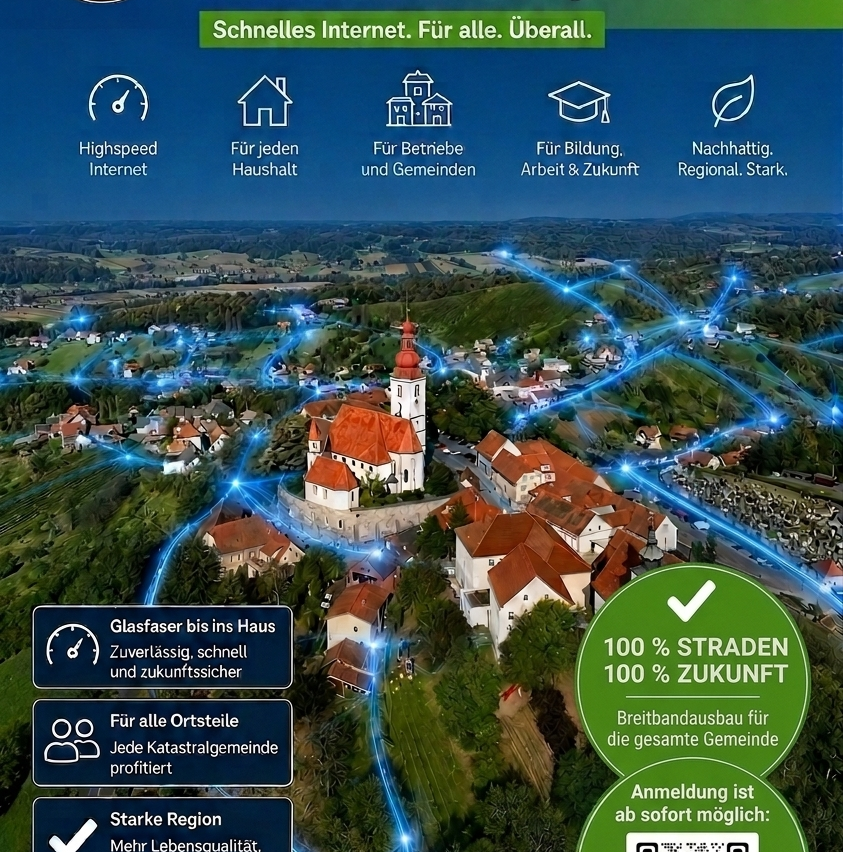 Eine Luftaufnahme eines Dorfes mit blauen Linien, die Gebäude verbinden und einen Hochgeschwindigkeits-Internetdienst darstellen. Symbole repräsentieren verschiedene Vorteile wie Haus, Unternehmen, Bildung und regionale Stärke. Ein grünes Häkchen zeigt 100% Abdeckung an.