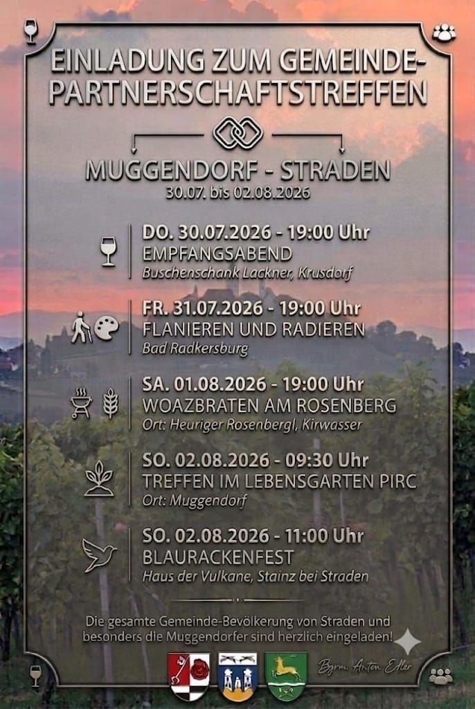 Ein Plakat bewirbt 'Partnerschaftstreffen'-Veranstaltungen in Muggensdorf-Straden vom 30.07. bis 02.08.2026. Veranstaltungen umfassen einen Empfangsabend, eine Wanderung und Radtour, ein Grillfest, ein Treffen im Garten und ein Blaulerchenfest.