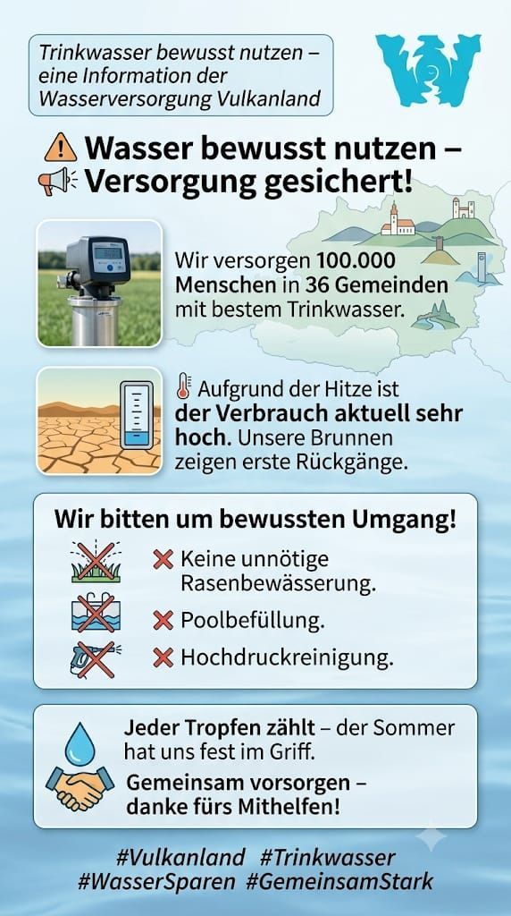 Infografik über Wassereinsparung mit Symbolen eines Wasserzählers, eines Thermometers und einer Karte. Es betont die Bedeutung bewussten Wasserverbrauchs und erwähnt die Versorgung von 100.000 Menschen in 36 Gemeinden mit dem besten Trinkwasser.