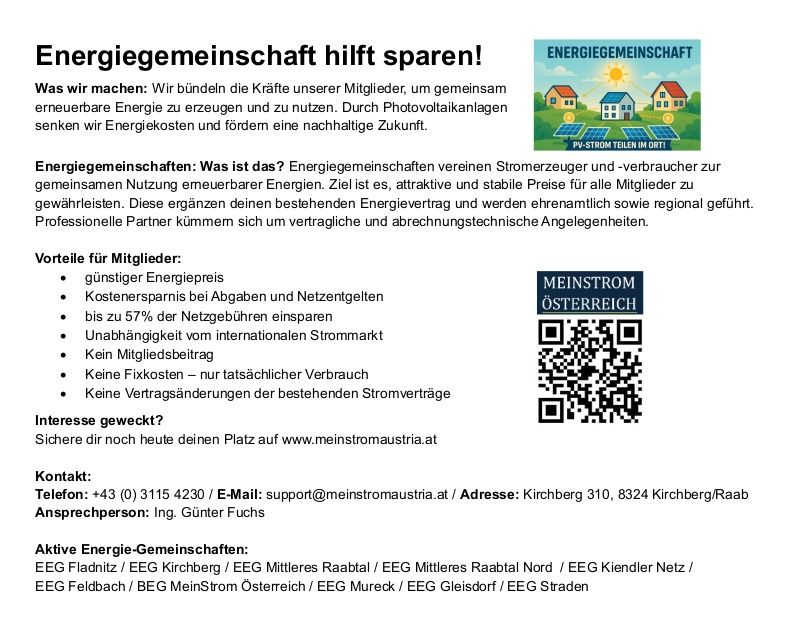 A flyer advertising an energy cooperative that aims to reduce energy costs through photovoltaic systems. It highlights benefits like cost savings, independence from the international electricity market, and no membership fees. It also includes a QR code for more information and contact details.
