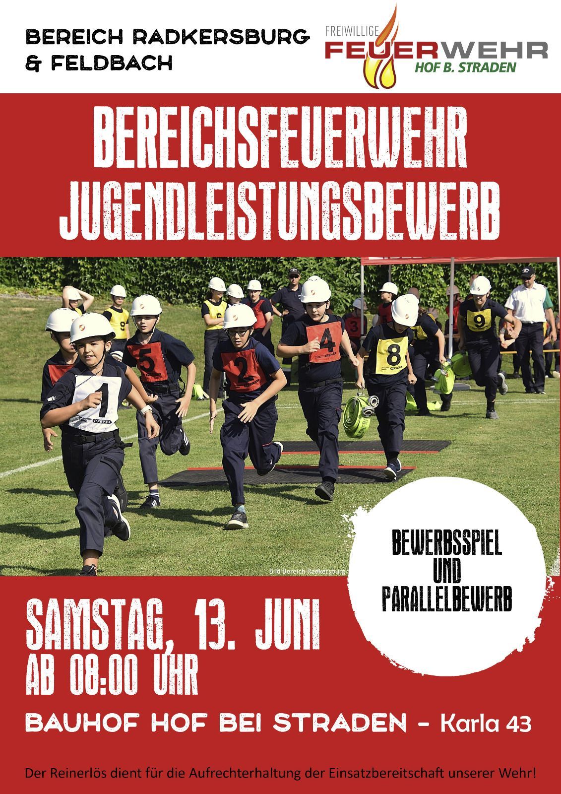 An event poster shows kids in firefighter uniforms participating in a competition. It's titled 'Area Fire Brigade Youth Performance Contest'. The event is on Saturday, June 13 at 8:00 AM.