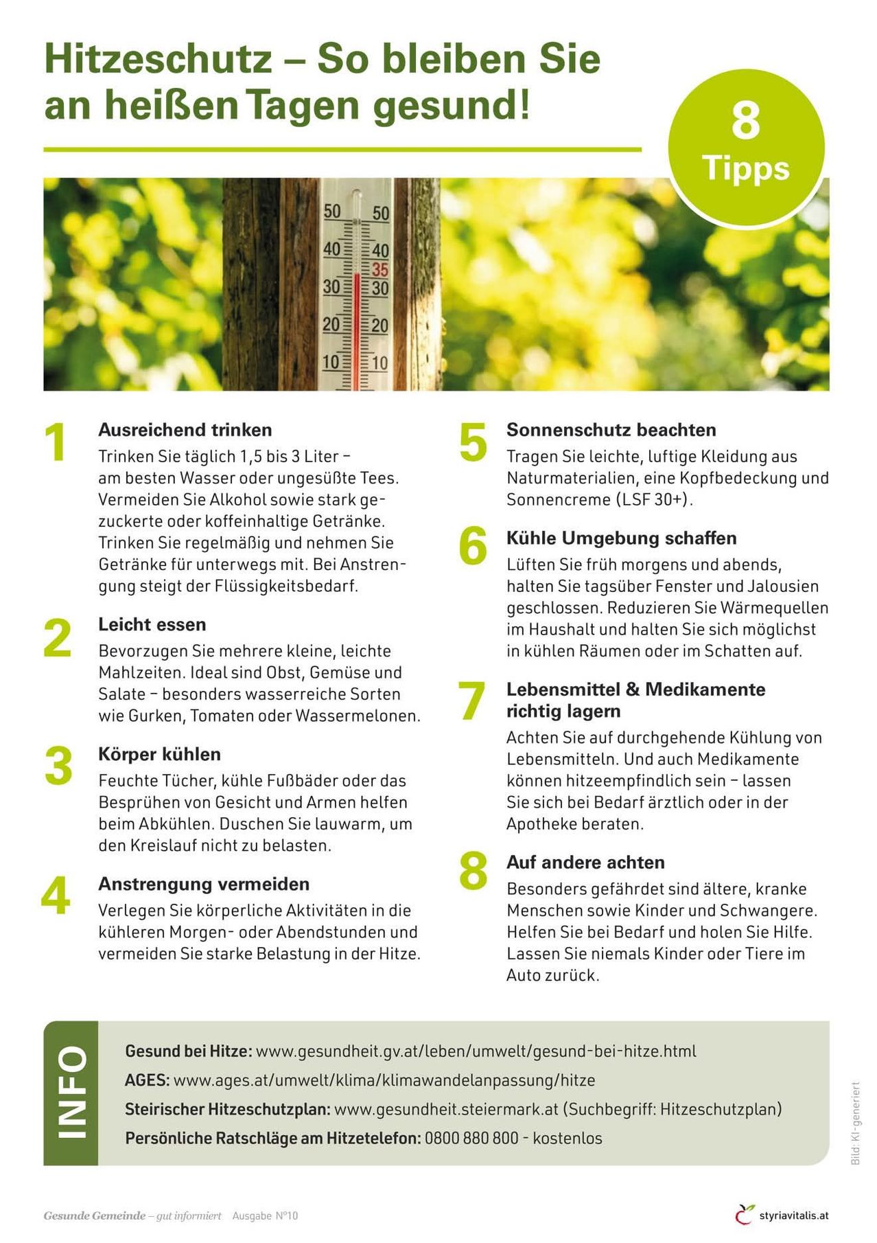 Infografik mit acht Tipps zur Gesundheit bei Hitze. Tipps umfassen das Trinken von 1,5 bis 3 Litern Wasser, Vermeidung von Alkohol und zuckerhaltigen Getränken, Tragen leichter Kleidung und mehr.
