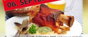 An invitation to the Stelzensonntag on September 6, 2026. The event features a roasted pork dish on a plate with utensils and a beer mug. The text is in German, and the image is clear and well-composed.