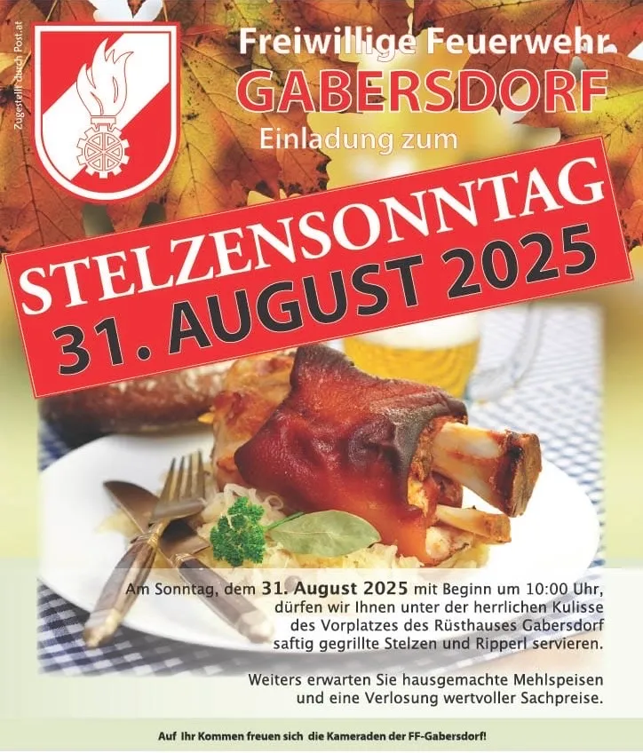 Plakat für die Veranstaltung am 31. August 2025 in Gabersdorf. Es zeigt ein gebratenes Schinkengericht mit Brot, einem Bierkrug und Besteck. Das Plakat hat Herbstblätter und die Veranstaltungsdetails.