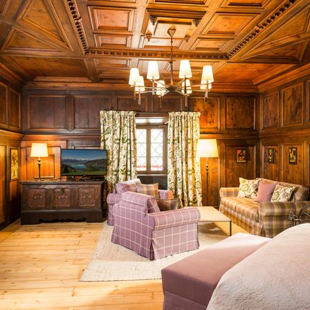 Indoors, Interior Design, Wood, Home Decor, Hardwood, Chandelier, Stained Wood, Furniture, Living Room, Wood Panels