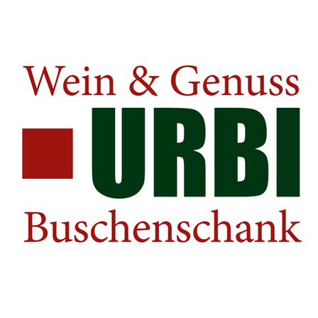 Das Logo für Wein & Genuss URBI Buschenschank ist zu sehen. Es zeigt ein rotes Quadrat mit grünen Buchstaben.