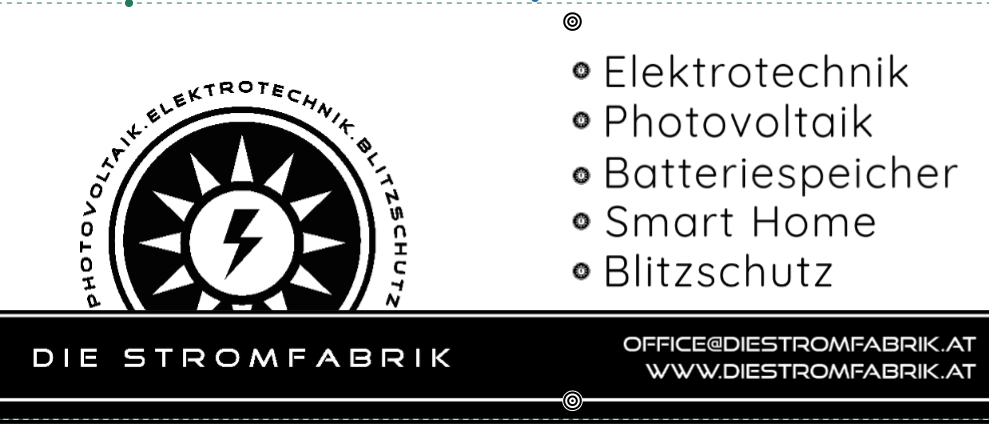 Logo eines Unternehmens, das sich auf Elektrotechnik, Photovoltaik, Batteriespeicher, Smart-Home-Systeme und Blitzschutz spezialisiert hat. Der Firmenname lautet Die Stromfabrik.