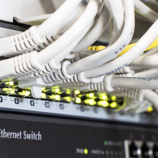 Nahaufnahme von Ethernet-Kabeln, die an einen Ethernet-Switch angeschlossen sind. Ports 4 und 6 haben aktive Verbindungen.