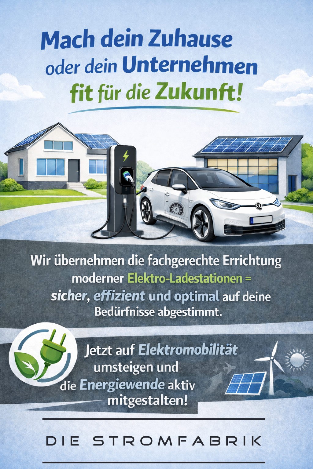 An image displays a house with solar panels on the roof and a white electric car being charged at an electric charging station. It highlights the installation of modern electric charging stations.