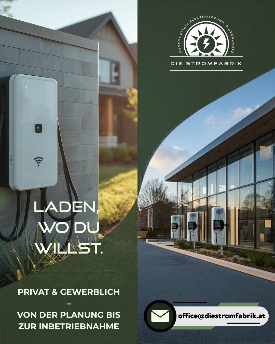 An einer Ziegelwand mit einem Haus und Garten im Hintergrund ist eine Ladestation für Elektroautos montiert. Die Ladestation ist an eine Stromquelle angeschlossen. Der Slogan 'Laden, wo du willst' ist in weiß geschrieben.